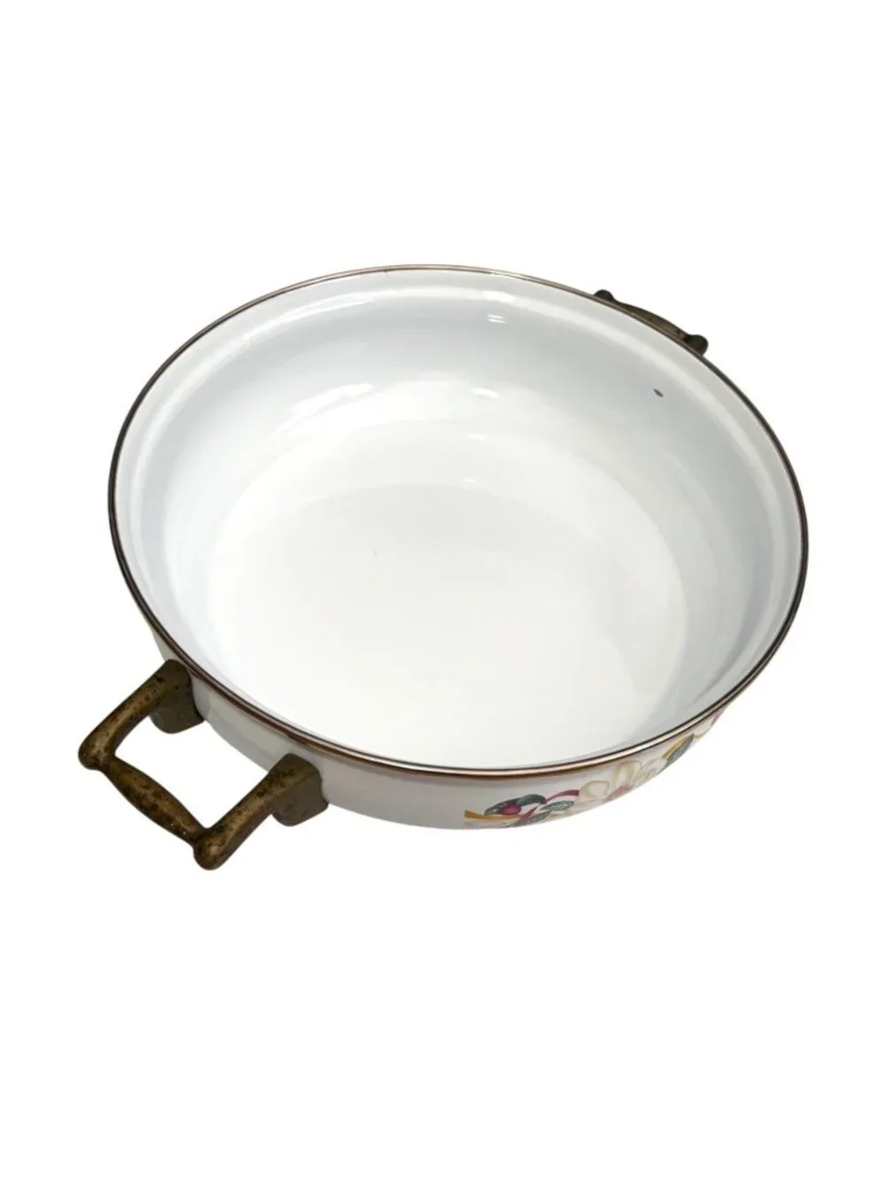 Vintage Floral Ceramic Casserole Dish With Lid & Brass Handles Hand-Painted Desi